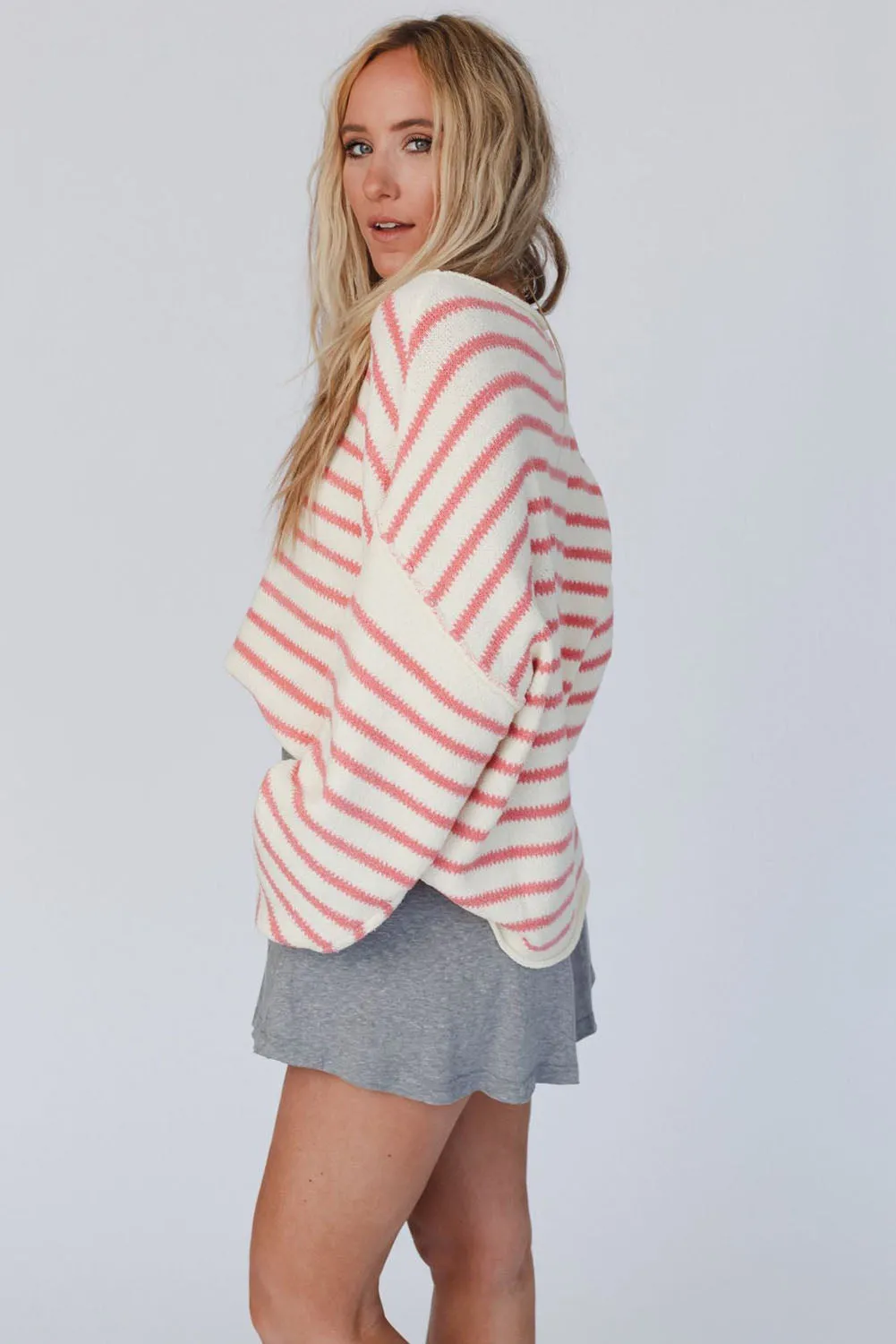 Pink Striped Drop Shoulder Oversized Sweater