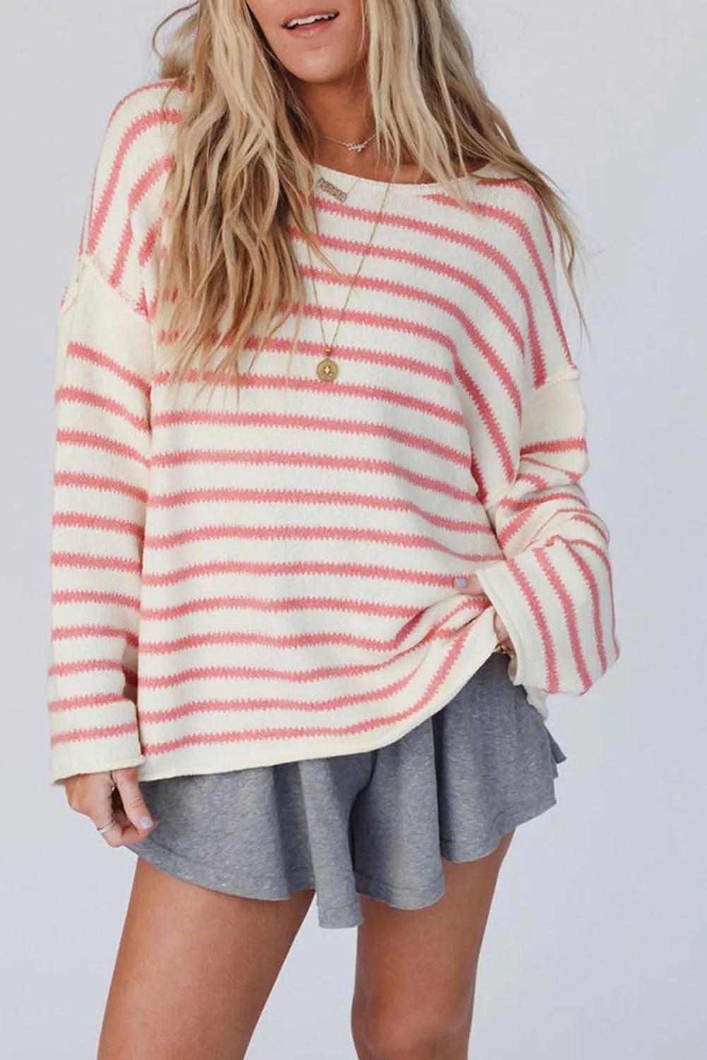 Pink Striped Drop Shoulder Oversized Sweater