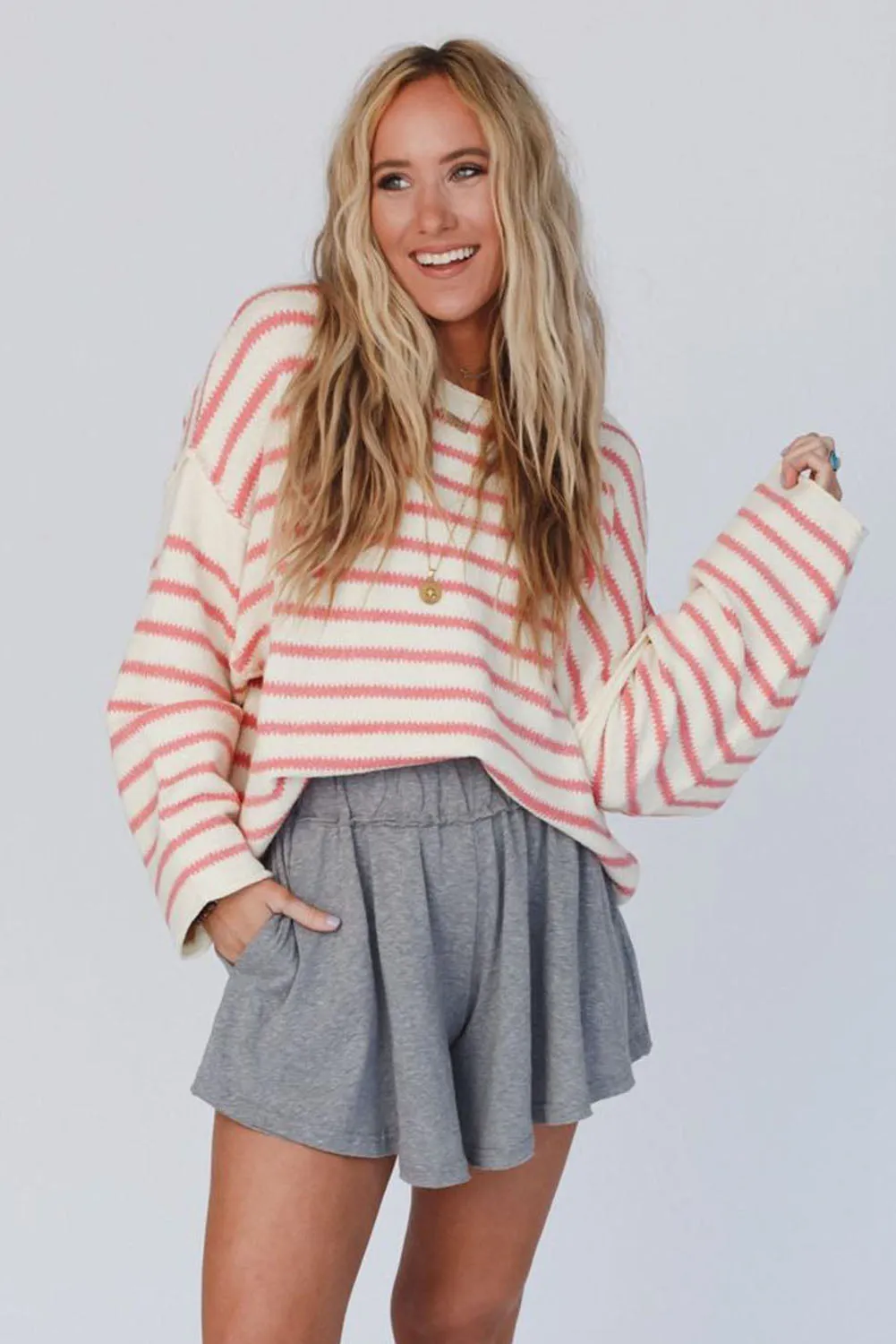 Pink Striped Drop Shoulder Oversized Sweater