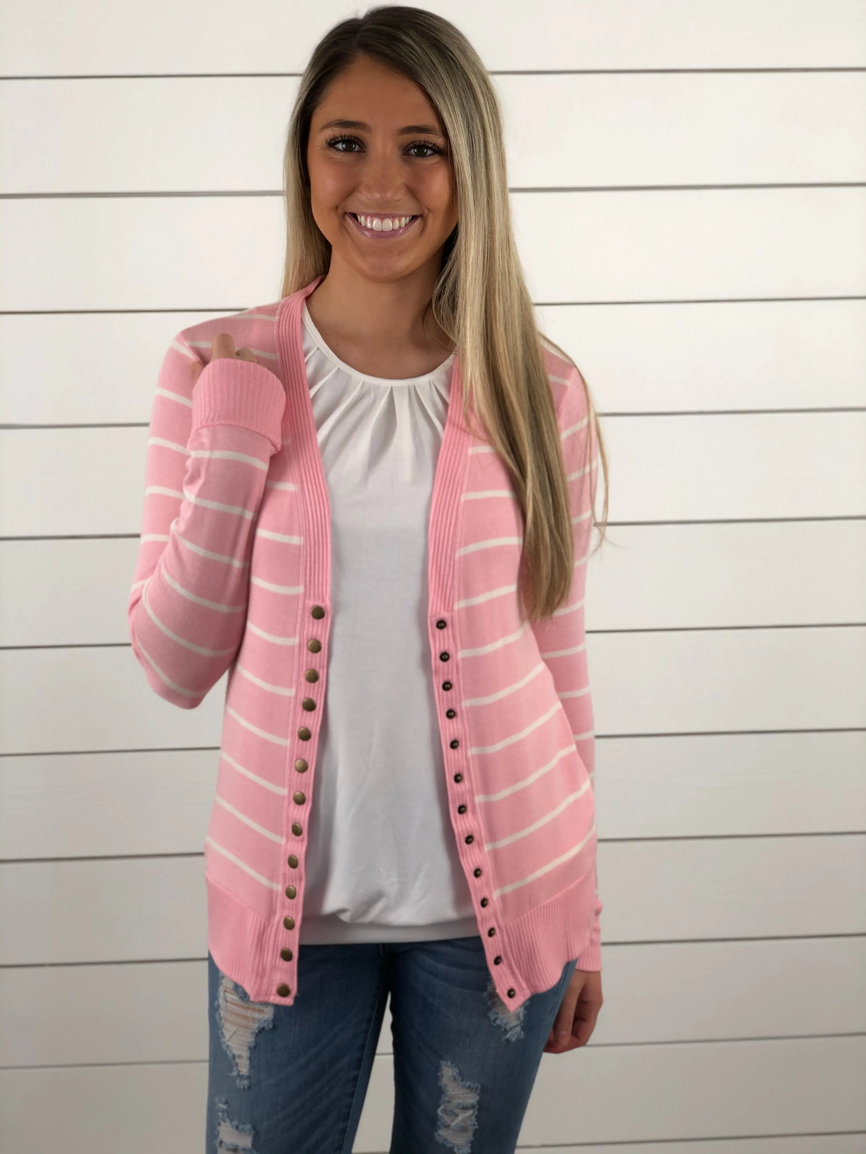 Pink Striped Snap Button Cardigan
