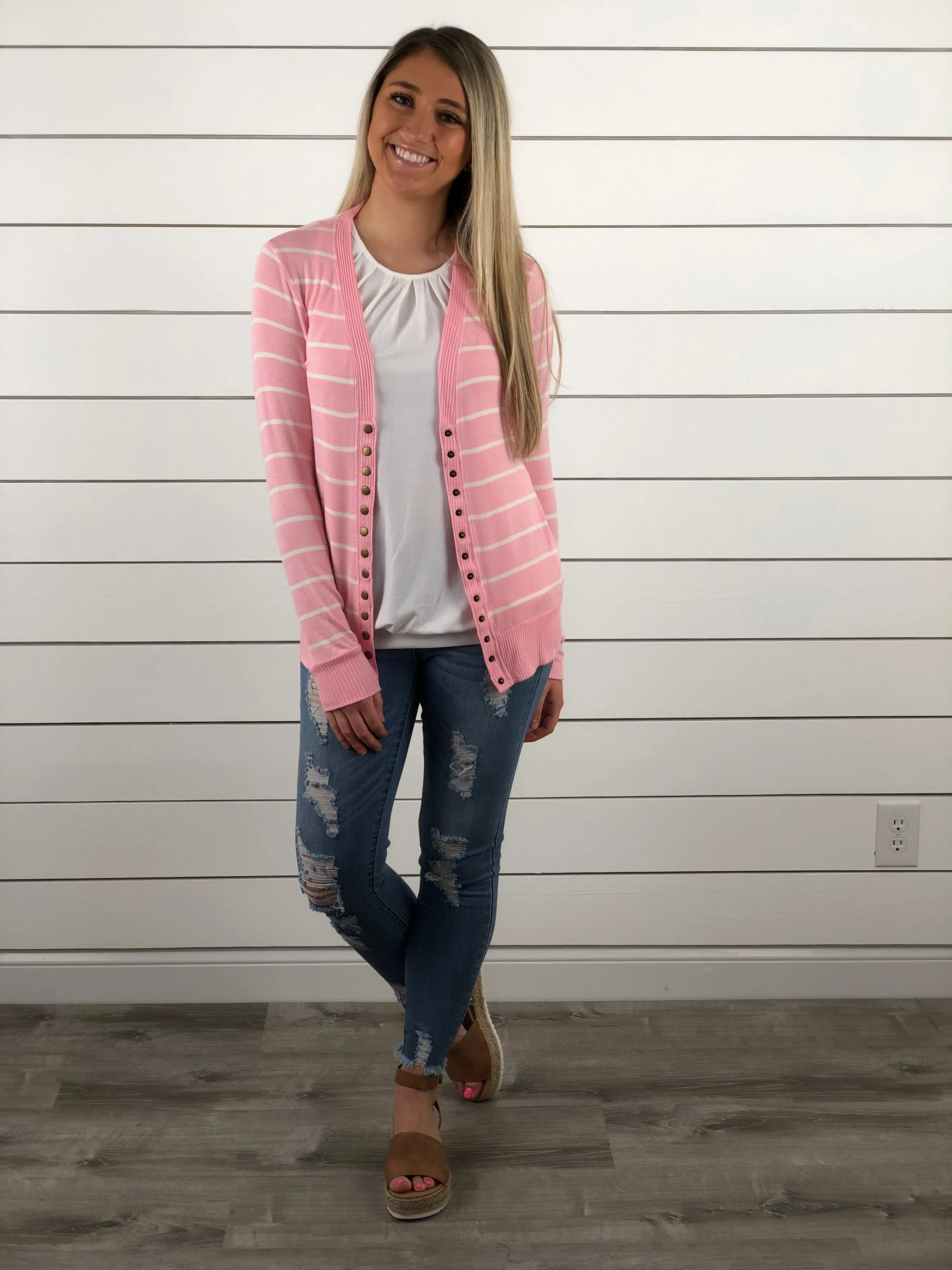 Pink Striped Snap Button Cardigan