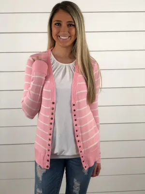 Pink Striped Snap Button Cardigan