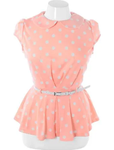 Plus Size Cap Sleeve Polka Dot Belted Coral Top