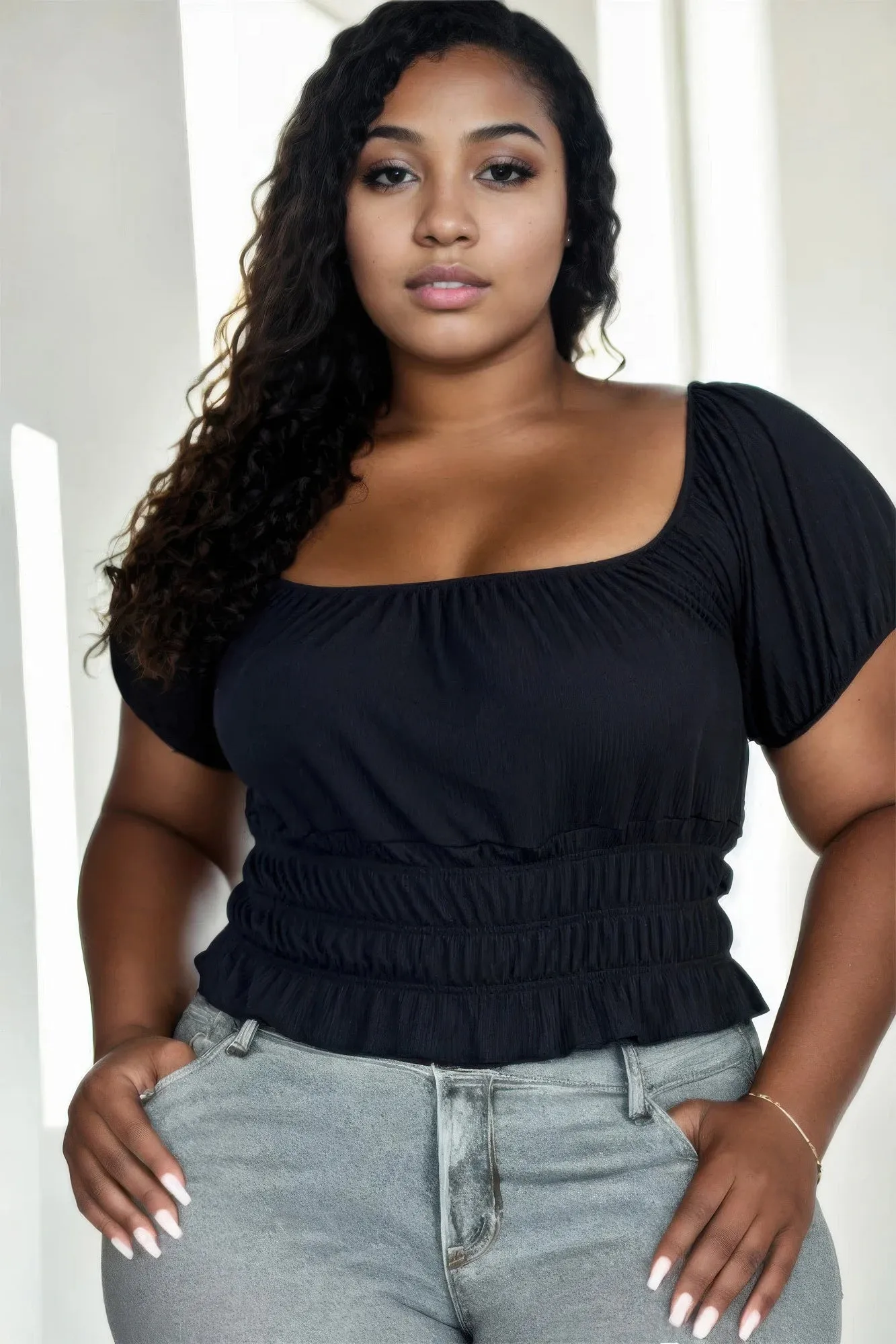 Plus Size Casual Ruched Puff Sleeve Ribbed Knit Top