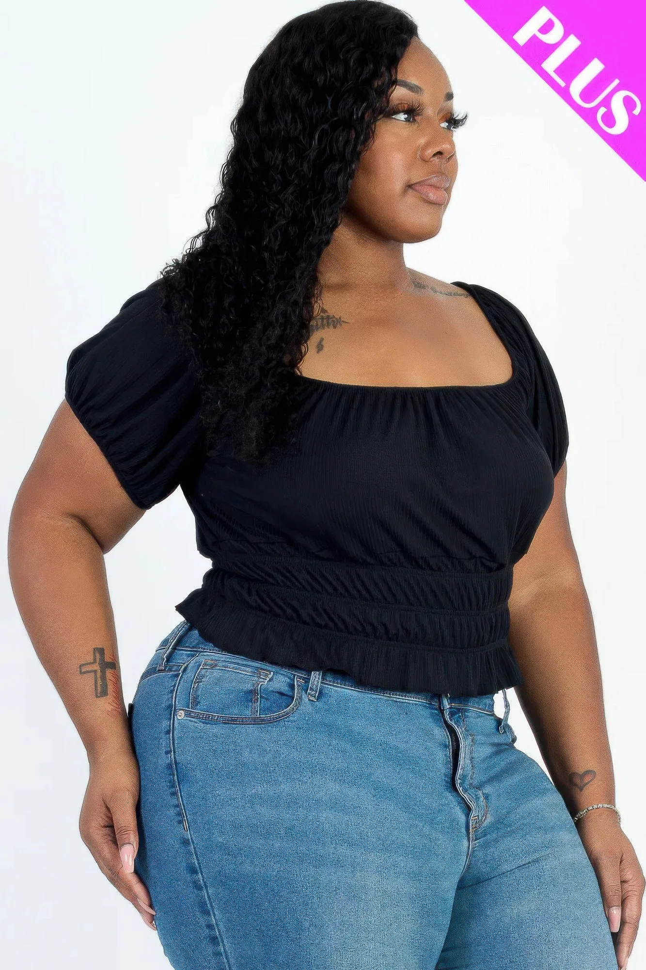 Plus Size Casual Ruched Puff Sleeve Ribbed Knit Top