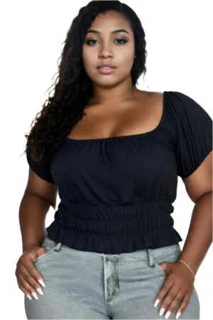 Plus Size Casual Ruched Puff Sleeve Ribbed Knit Top