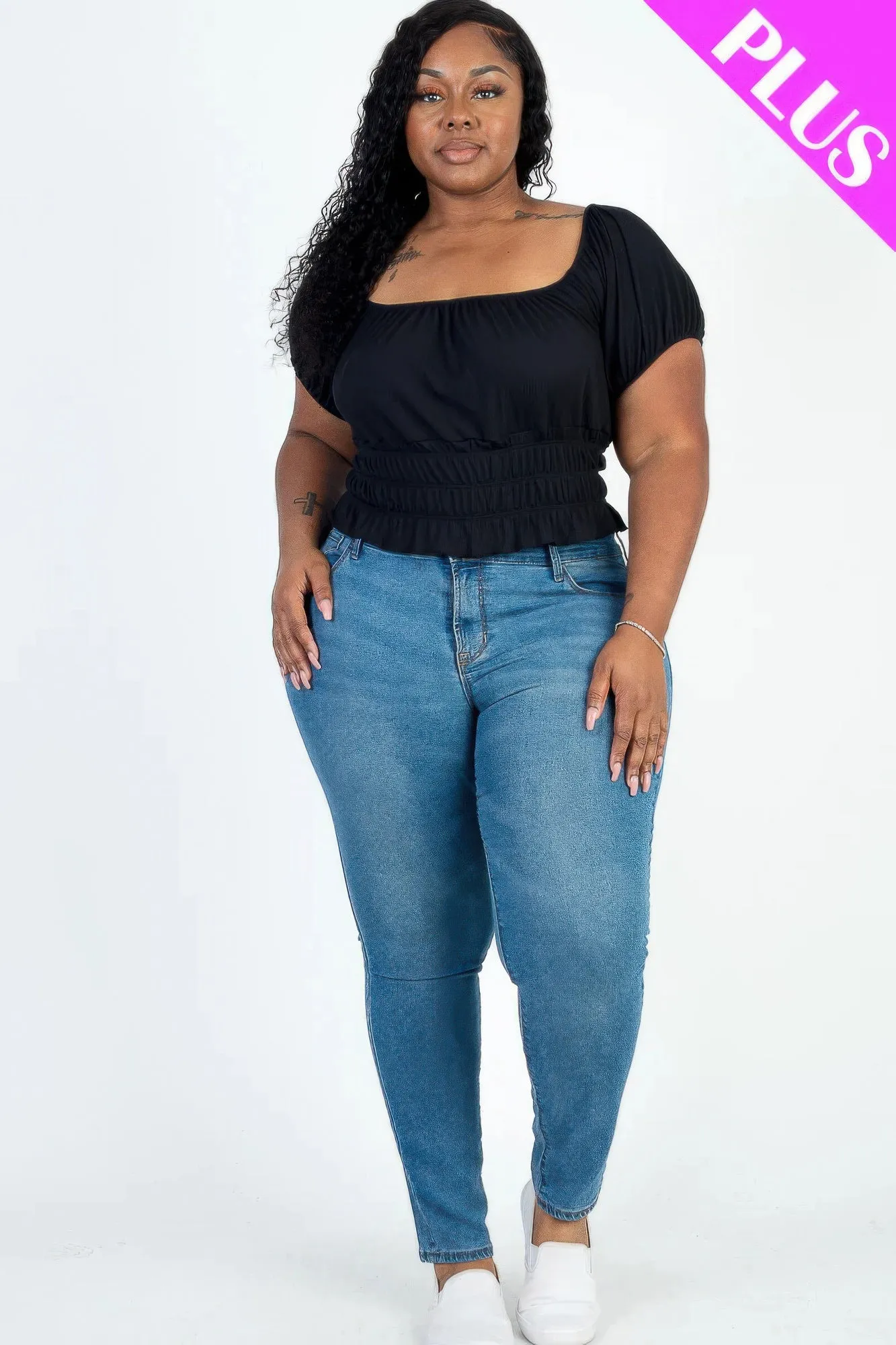 Plus Size Casual Ruched Puff Sleeve Ribbed Knit Top