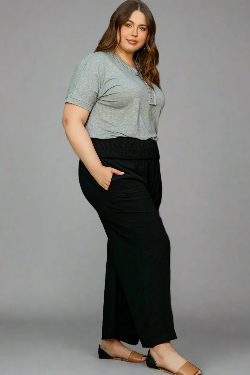 Plus Size Shirred High Waist Wide Leg Pants