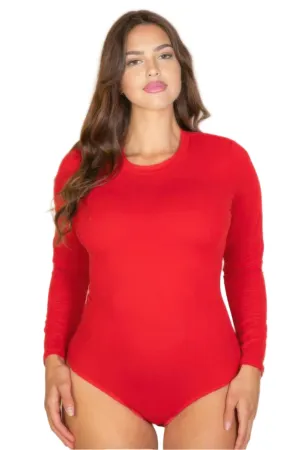 Plus Solid Long Sleeve Round Neck Bodysuit Red