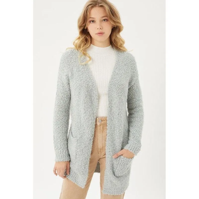 Popcorn eyelash open front long line cardigan