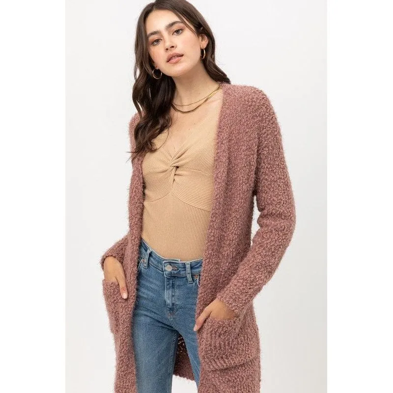 Popcorn eyelash open front long line cardigan