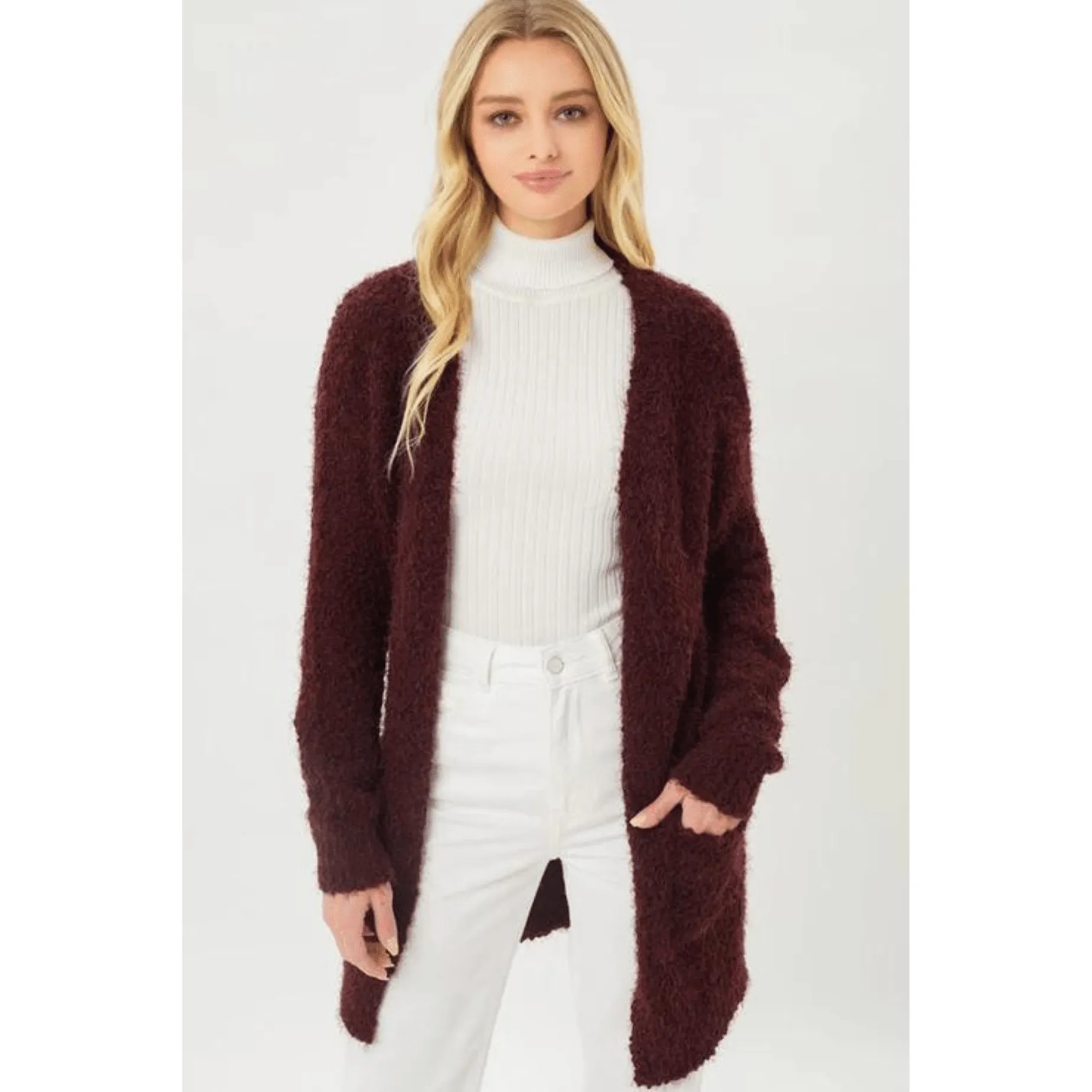 Popcorn eyelash open front long line cardigan