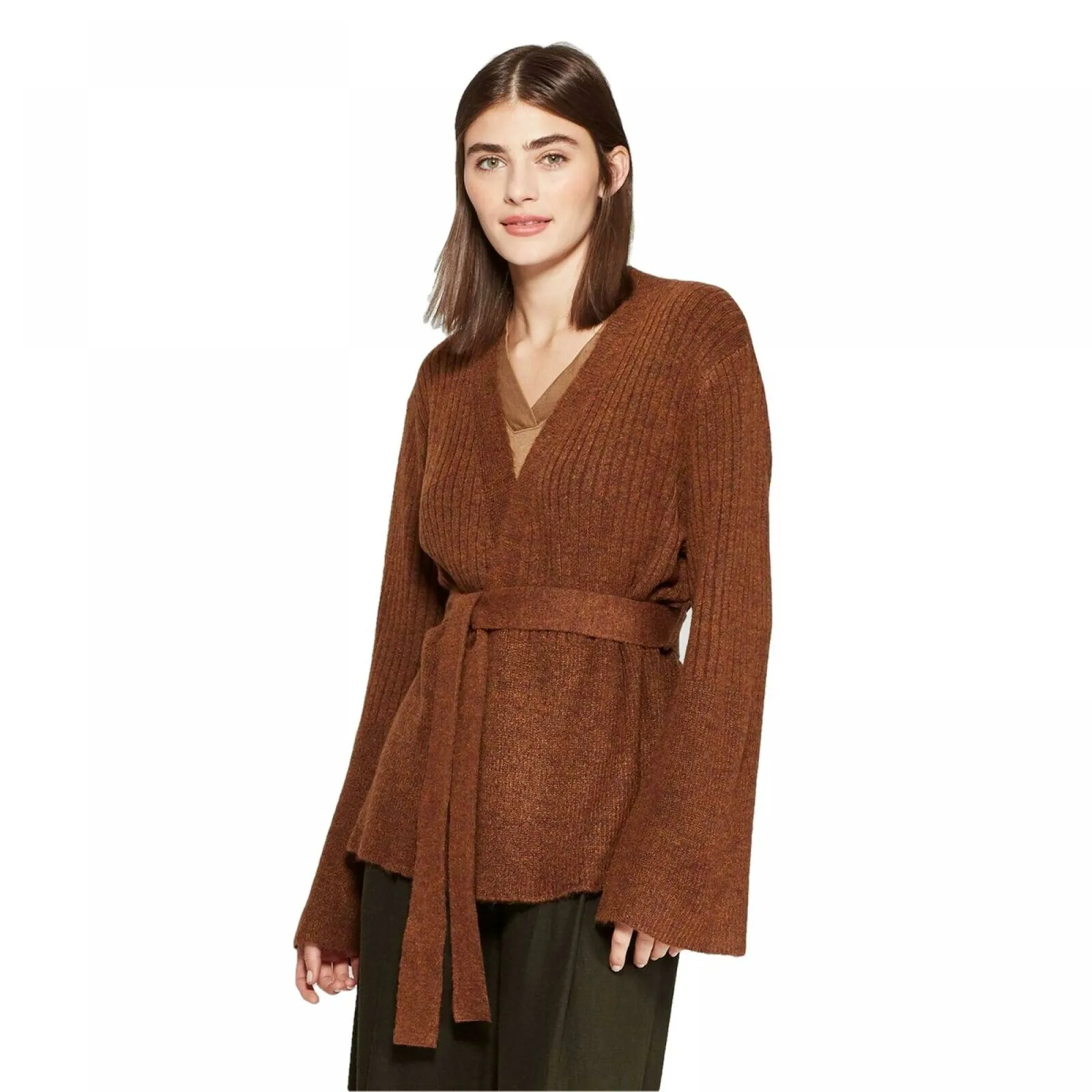 Prologue Women's Long Sleeve Open-Front Belted Rib-Knit Cardigan
