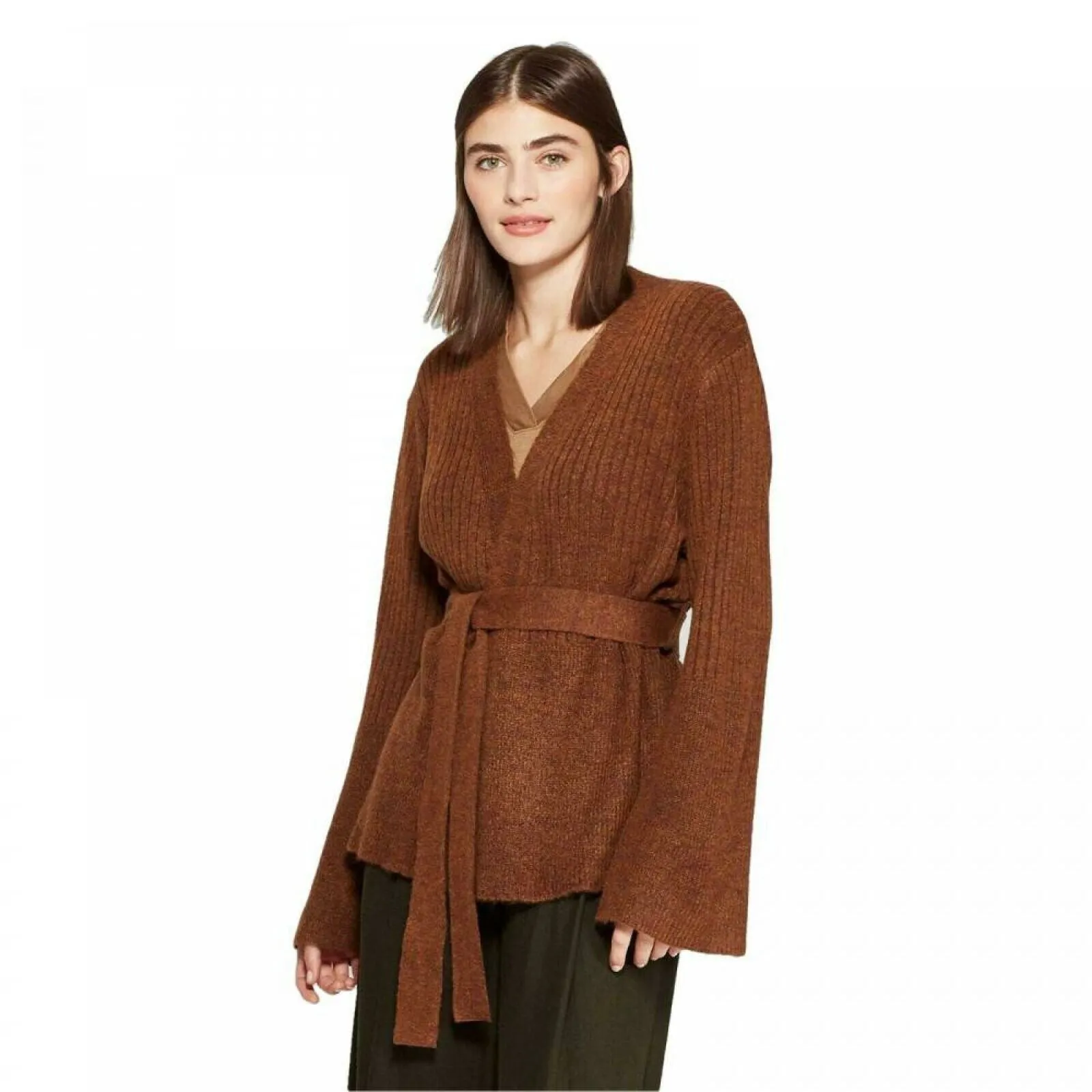 Prologue Women's Long Sleeve Open-Front Belted Rib-Knit Cardigan