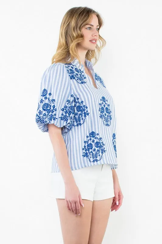 Puff Sleeve Striped Embroidered Top