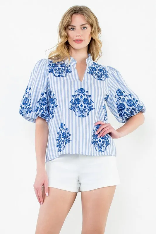 Puff Sleeve Striped Embroidered Top