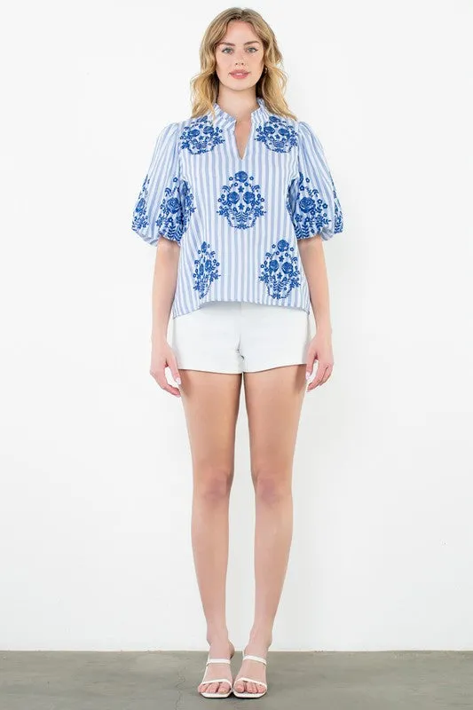 Puff Sleeve Striped Embroidered Top
