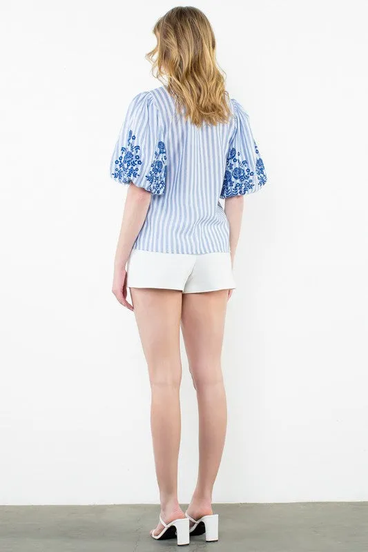 Puff Sleeve Striped Embroidered Top