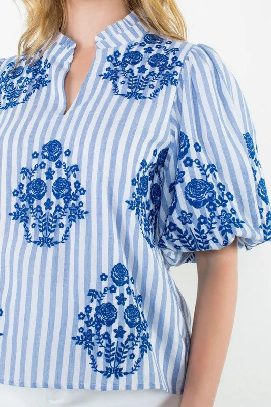 Puff Sleeve Striped Embroidered Top