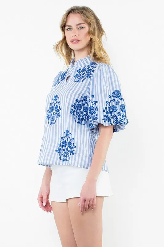 Puff Sleeve Striped Embroidered Top
