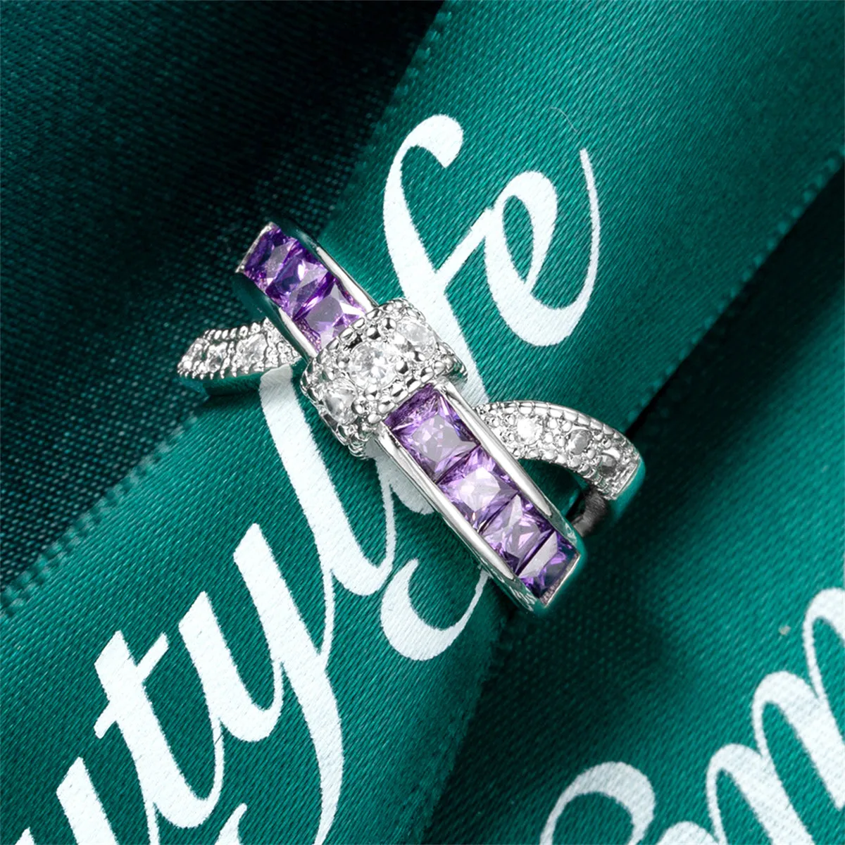 Purple Crystal & Cubic Zirconia Openwork Twist Princess-Cut Ring