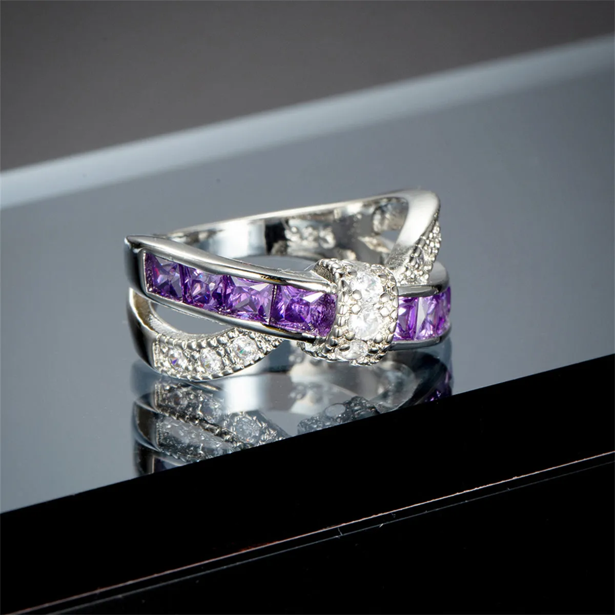 Purple Crystal & Cubic Zirconia Openwork Twist Princess-Cut Ring