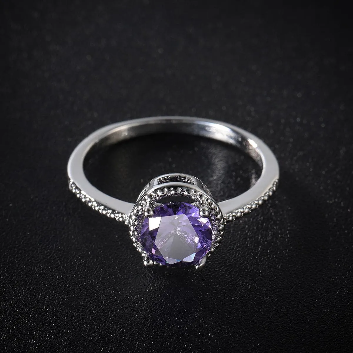 Purple Crystal & Cubic Zirconia Silver-Plated Halo Ring