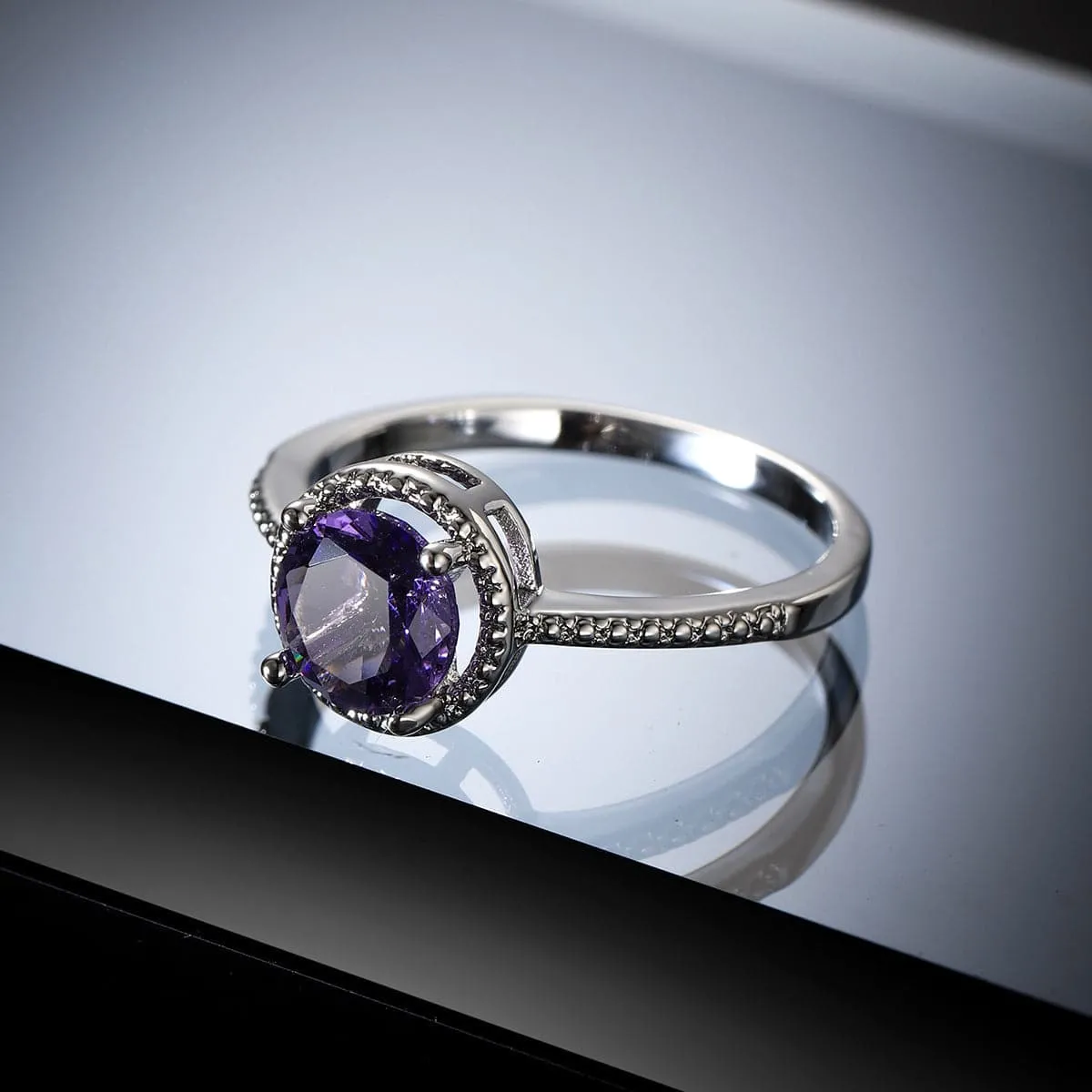 Purple Crystal & Cubic Zirconia Silver-Plated Halo Ring