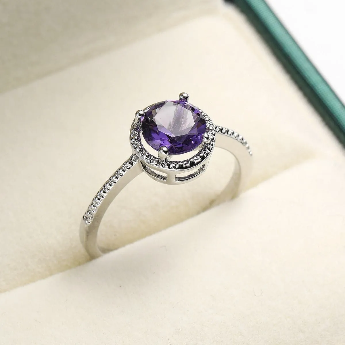 Purple Crystal & Cubic Zirconia Silver-Plated Halo Ring