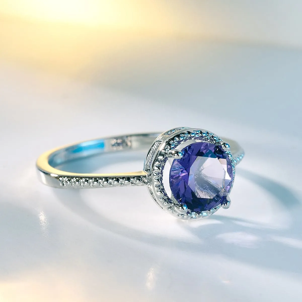 Purple Crystal & Cubic Zirconia Silver-Plated Halo Ring