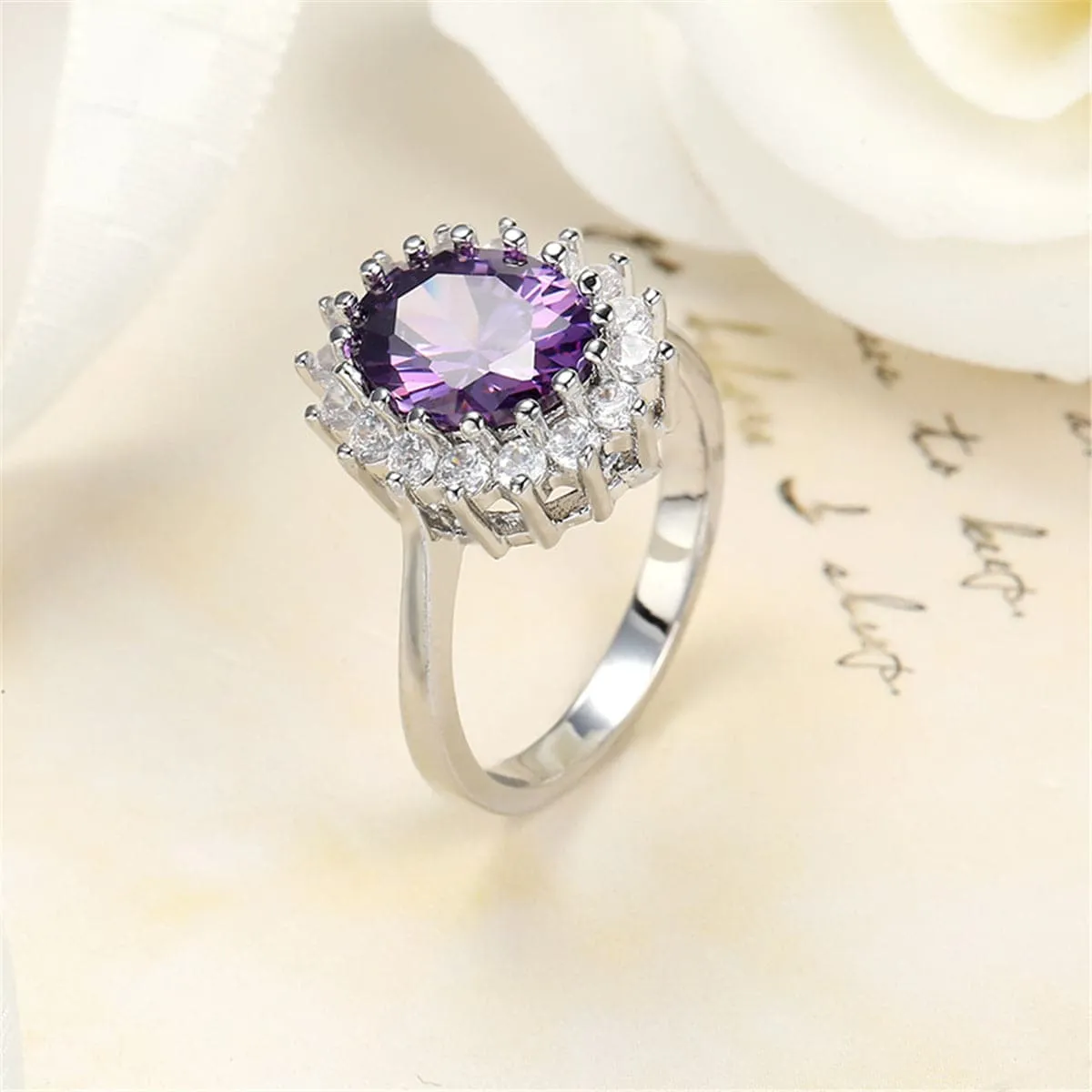 Purple Crystal & Silver-Plated Flower Ring