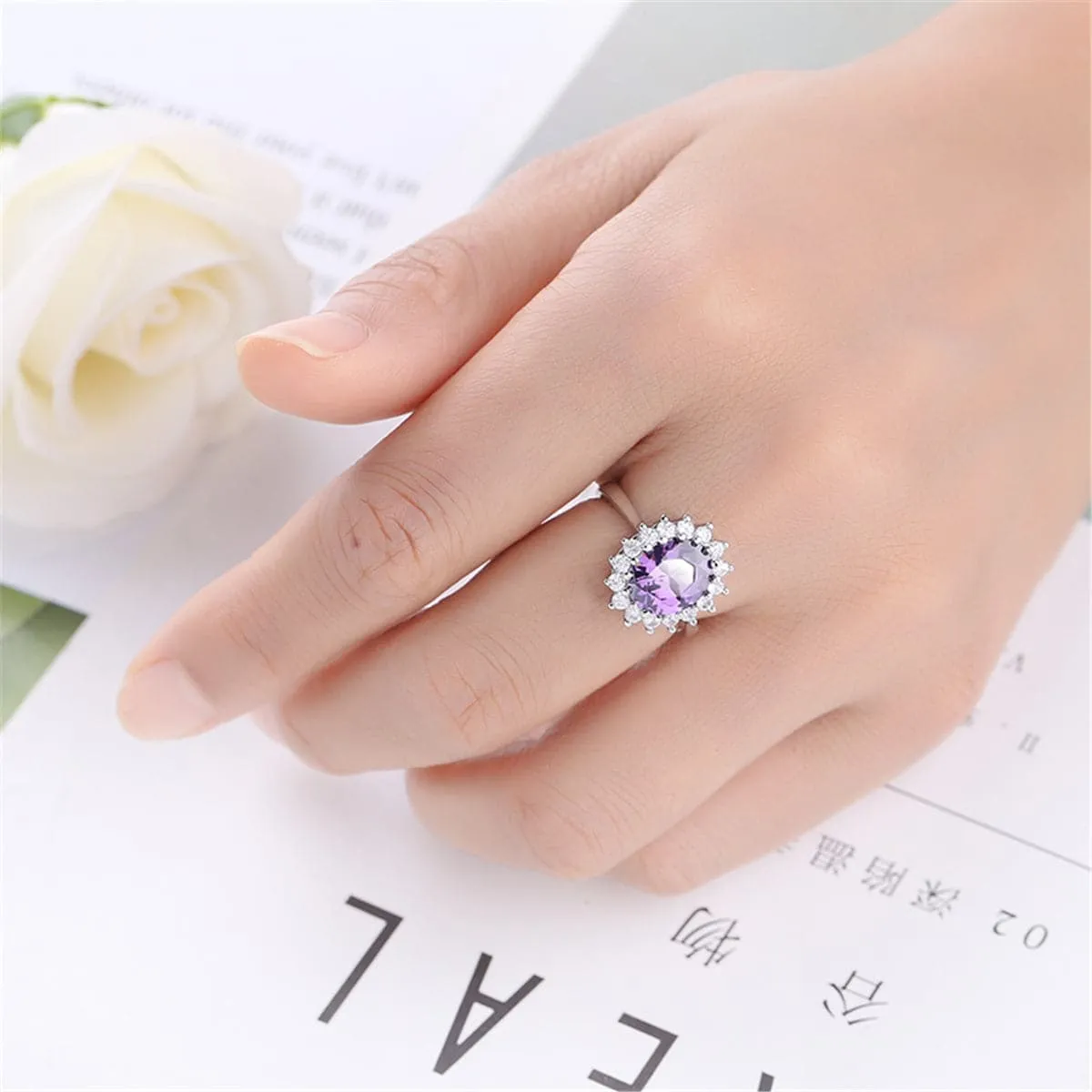 Purple Crystal & Silver-Plated Flower Ring