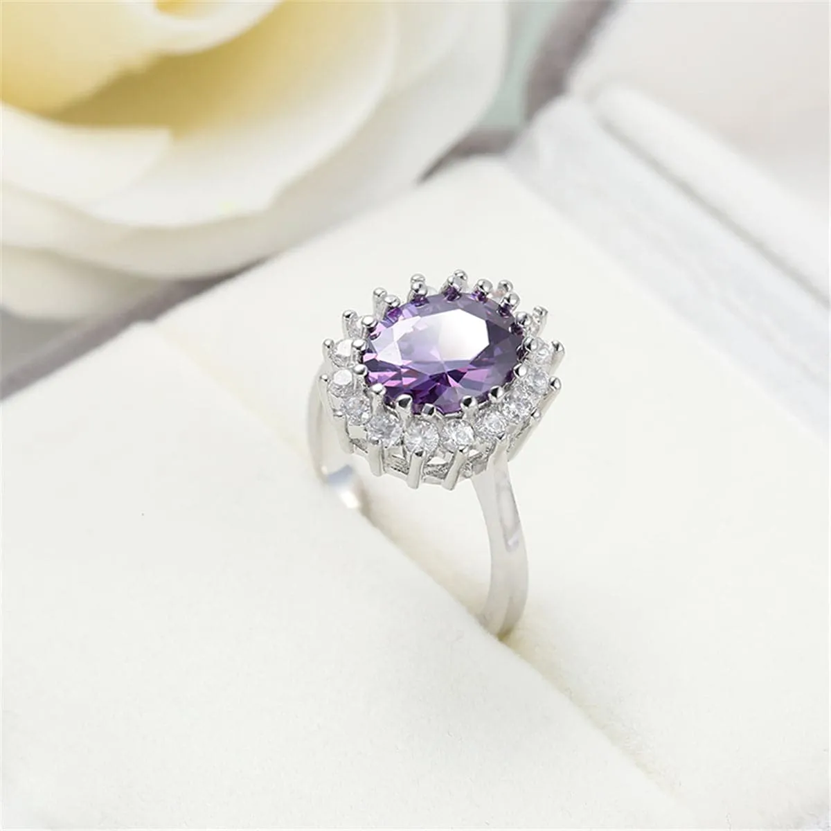 Purple Crystal & Silver-Plated Flower Ring