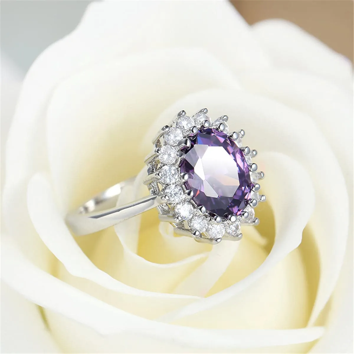 Purple Crystal & Silver-Plated Flower Ring