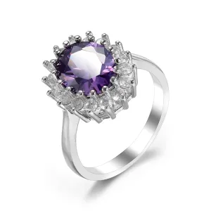 Purple Crystal & Silver-Plated Flower Ring