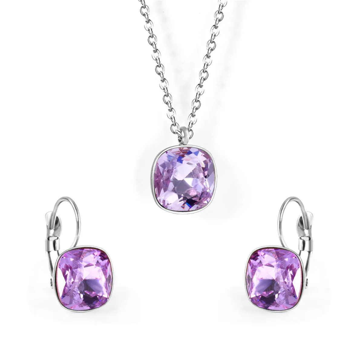 Purple Crystal & Silver-Plated Square Drop Earrings Set