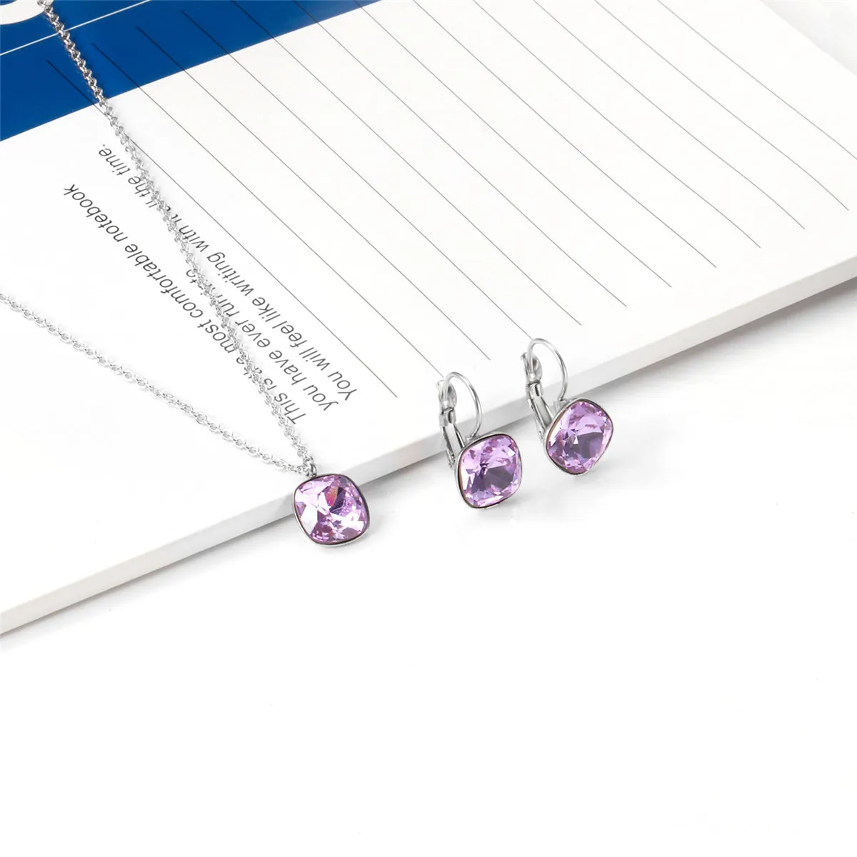 Purple Crystal & Silver-Plated Square Drop Earrings Set