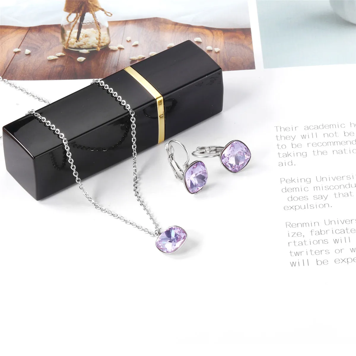 Purple Crystal & Silver-Plated Square Drop Earrings Set