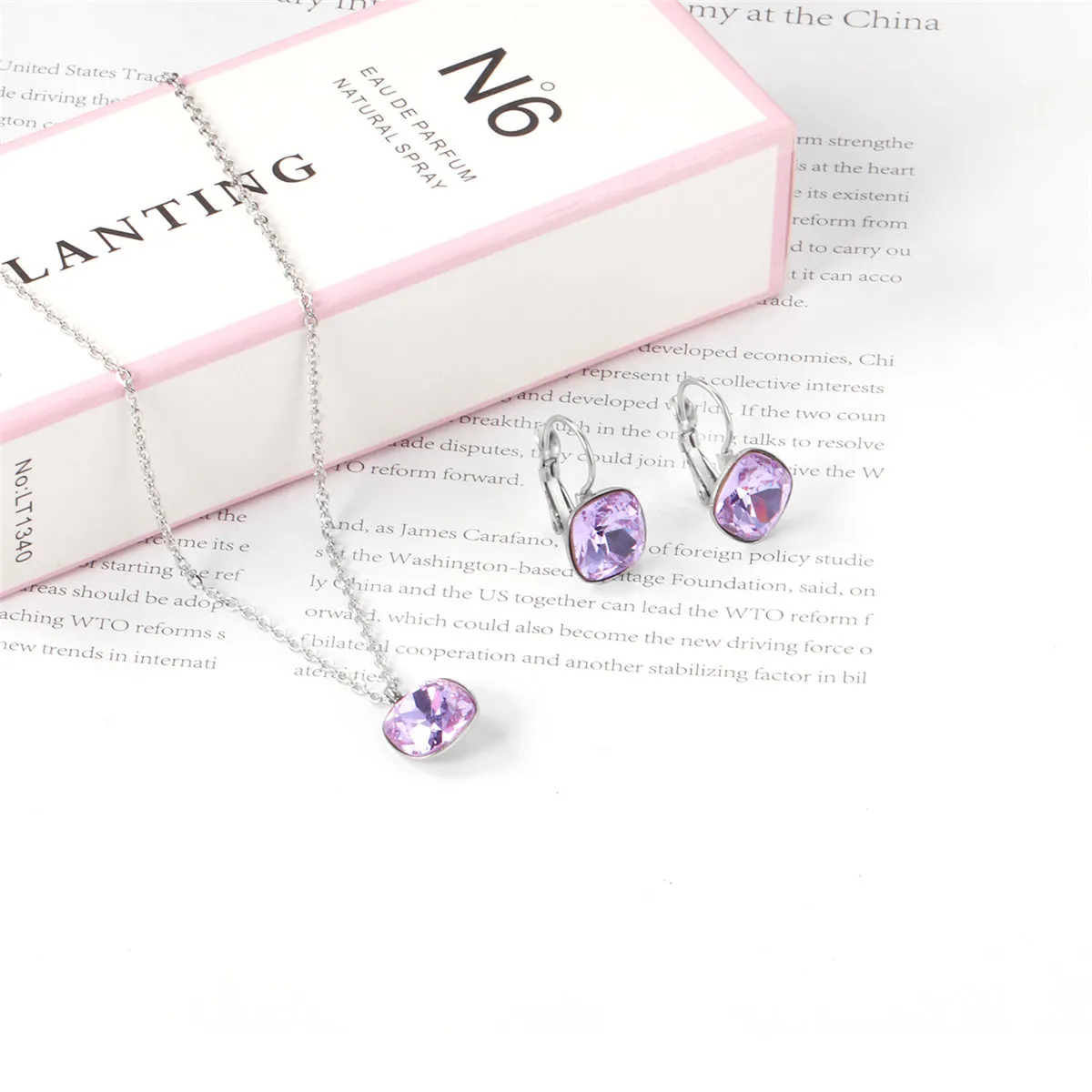 Purple Crystal & Silver-Plated Square Drop Earrings Set