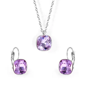 Purple Crystal & Silver-Plated Square Drop Earrings Set