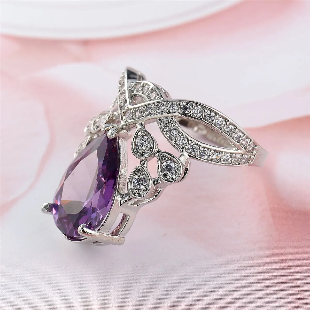 Purple Cubic Zirconia & Crystal Pear-Cut Statement Ring