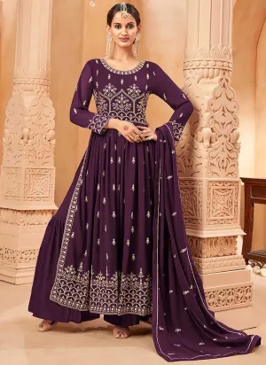 Purple Embroidery Slit Style Festive Palazzo Suit