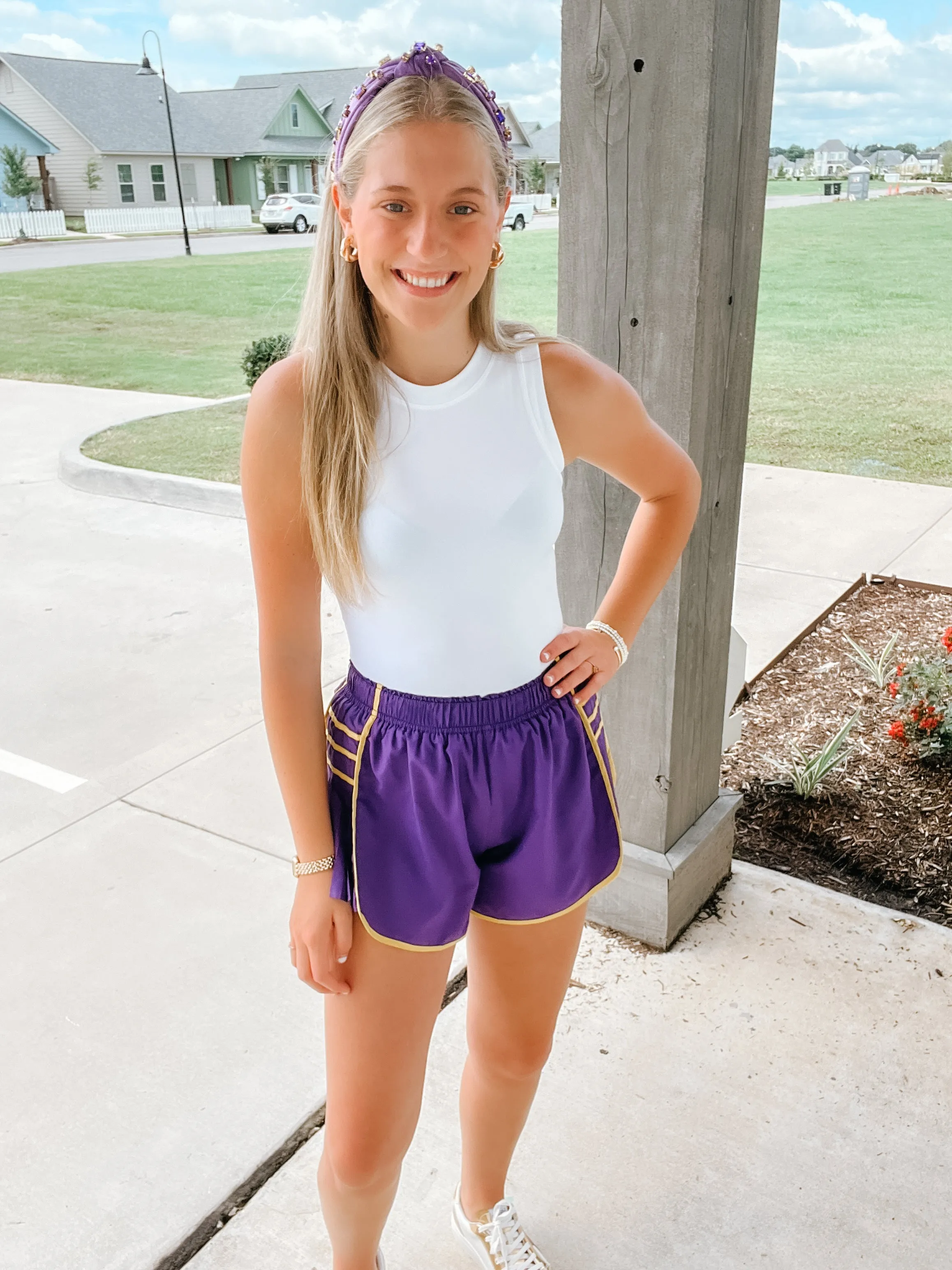 Purple Pleated Gameday Shorts