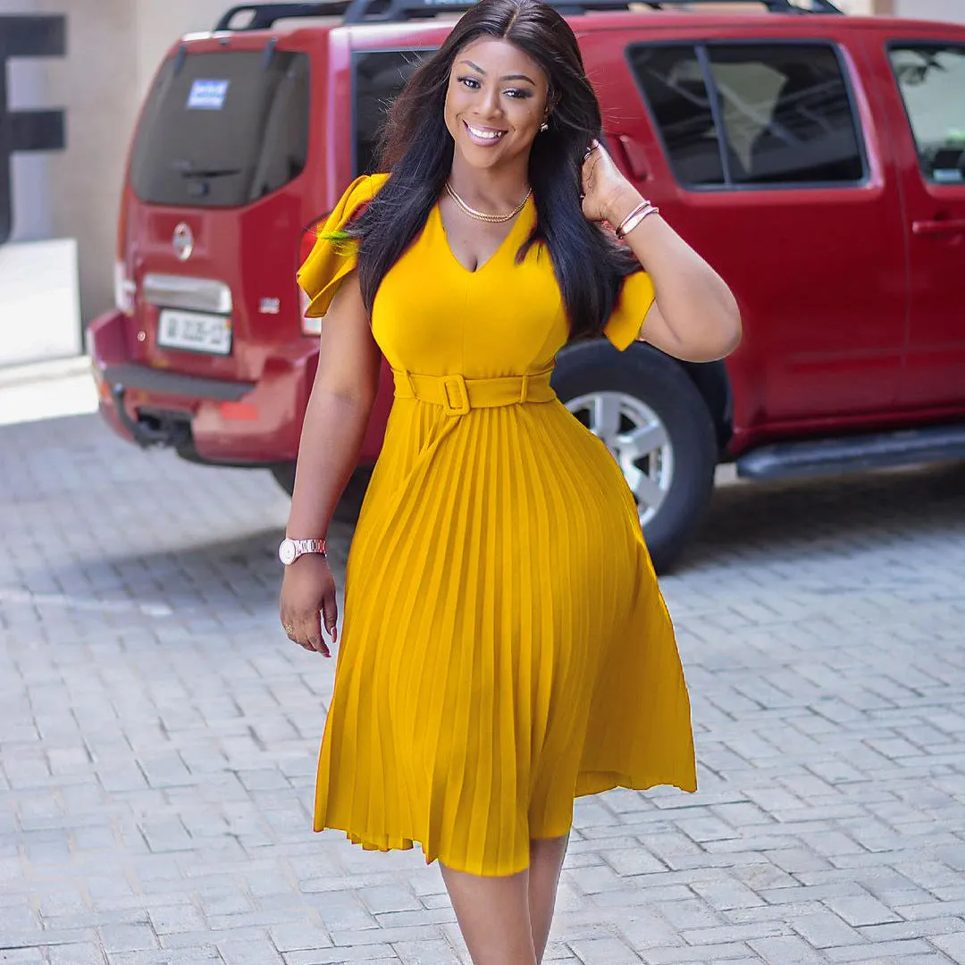 Q016m European and American African Women's Wear Hot Trade Dress Sexy V-neck Flying Sleeves Mid-Length Oversized Pleated Skirt Summer