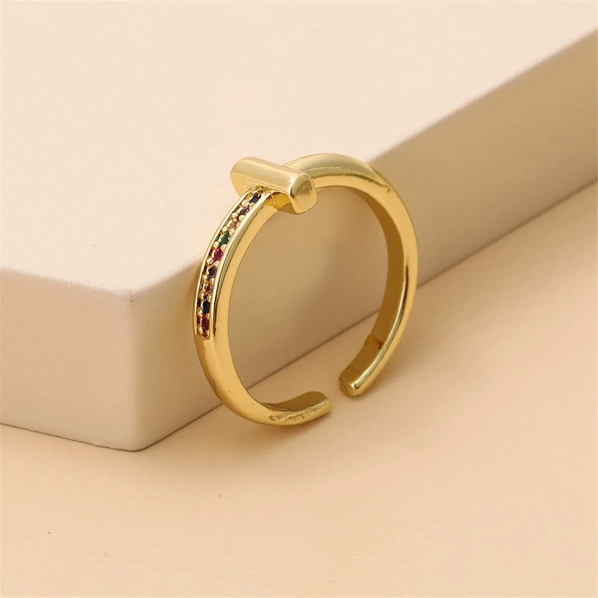 Rainbow Cubic Zirconia & 18K Gold-Plated T Open Ring