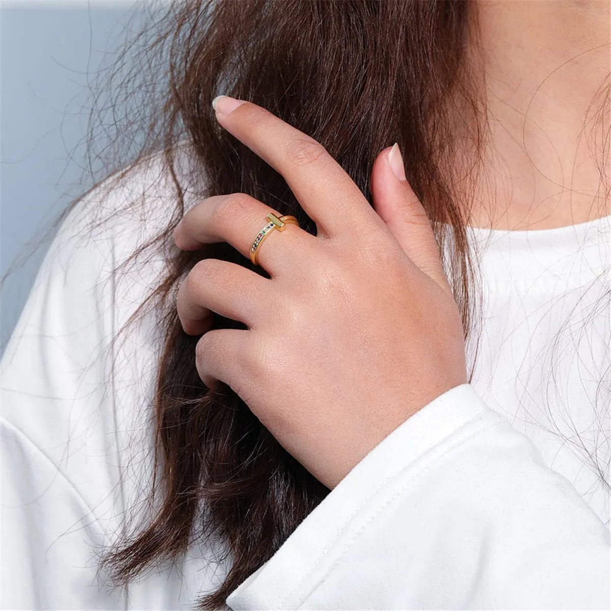 Rainbow Cubic Zirconia & 18K Gold-Plated T Open Ring