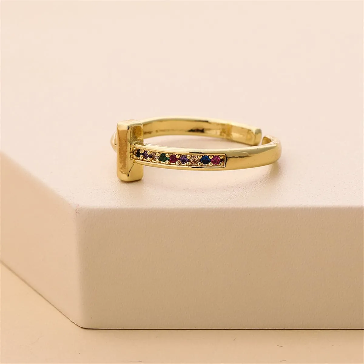 Rainbow Cubic Zirconia & 18K Gold-Plated T Open Ring