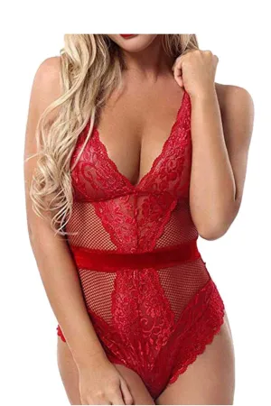 Red 1 Piece Womens Dress Lace Fishnet Teddies - Sleepwear Lingerie Bodysuits with G-String