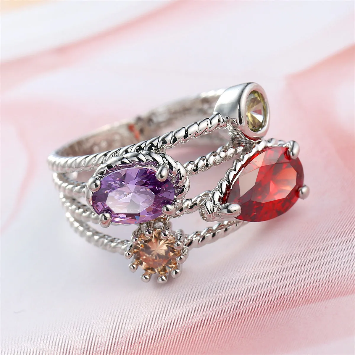 Red & Purple Cubic Zirconia & Crystal Stacked Ring