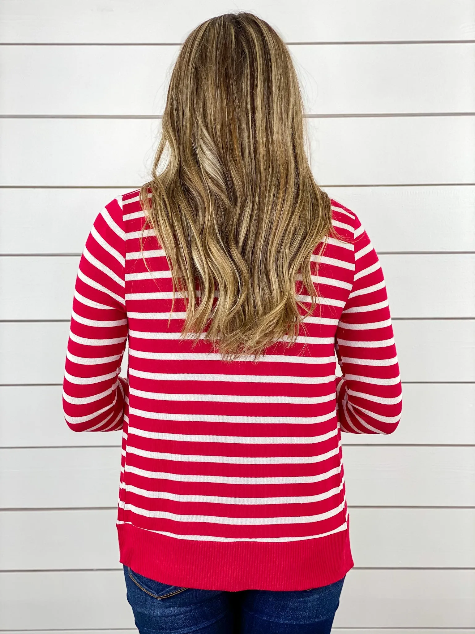 Red and White Snap Button Cardigan